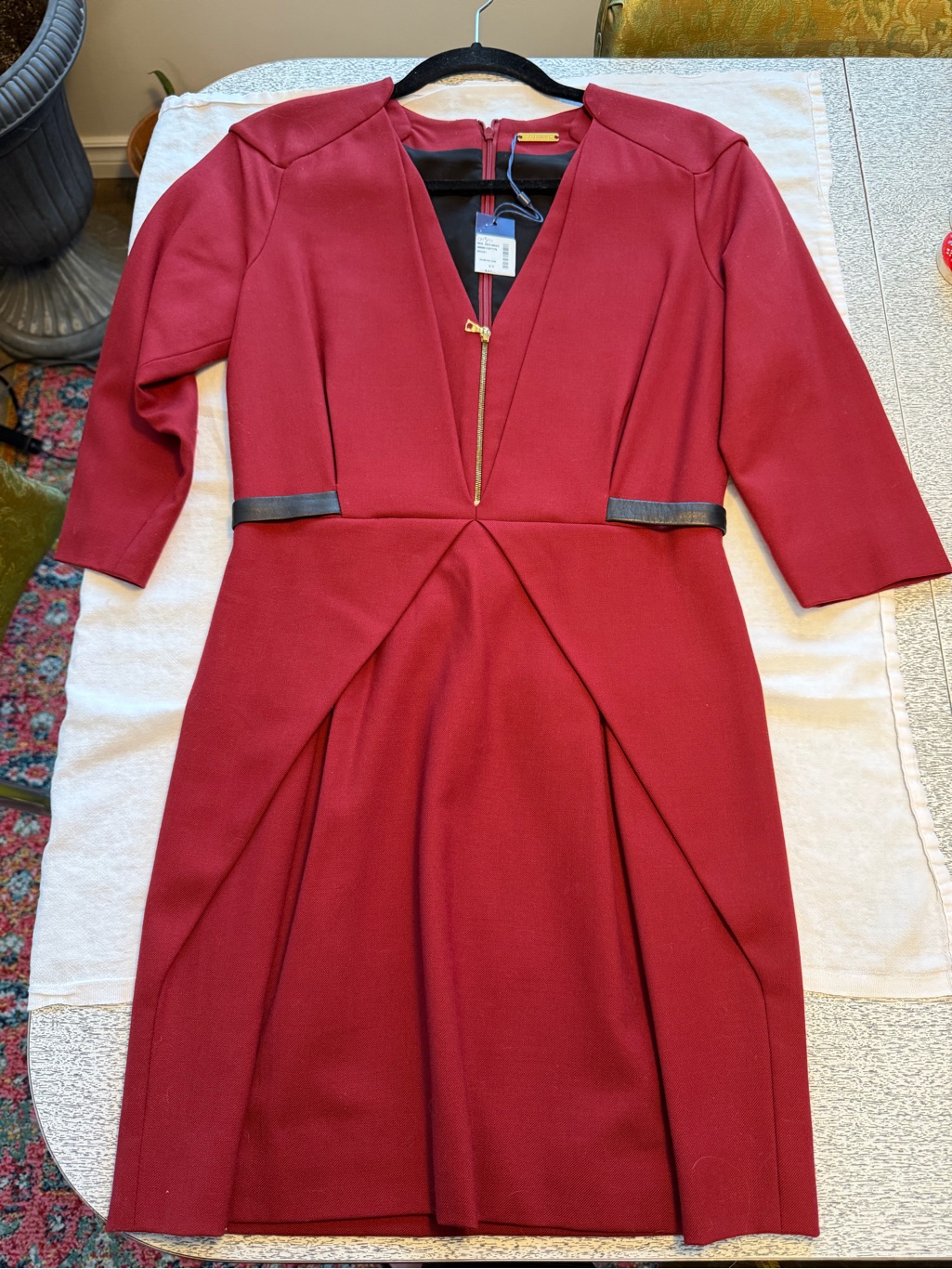 Rebecca Minkoff Deep Red V-Neck Midi Dress With Gold Zip And Leather Trim